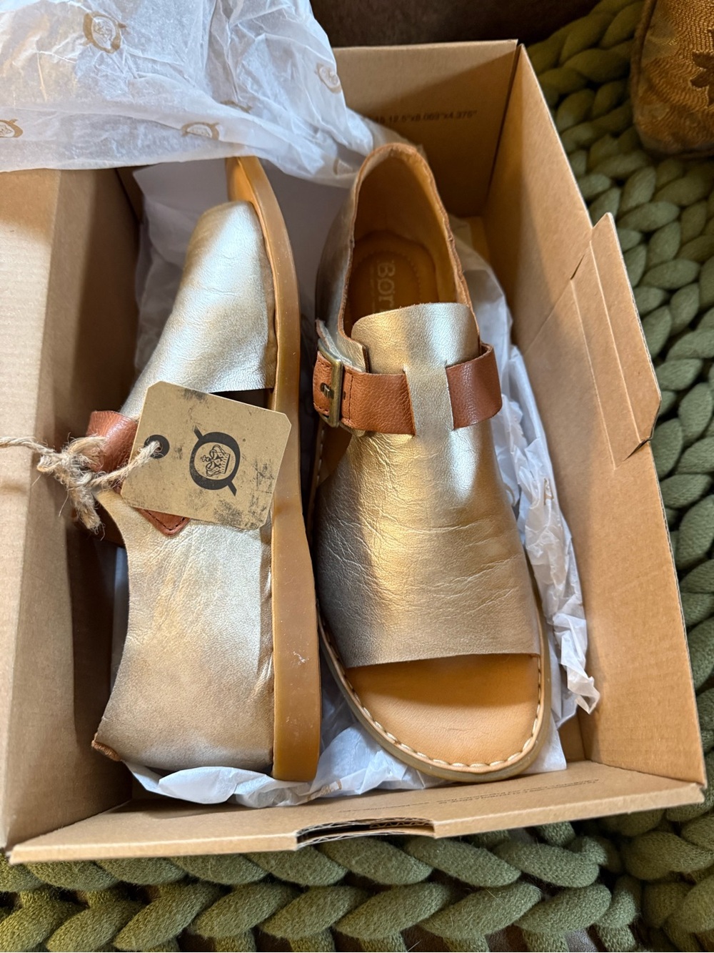 Born Ladies Ivey Metallic Gold Open-Toe Leather Sandals with Brown Strap
